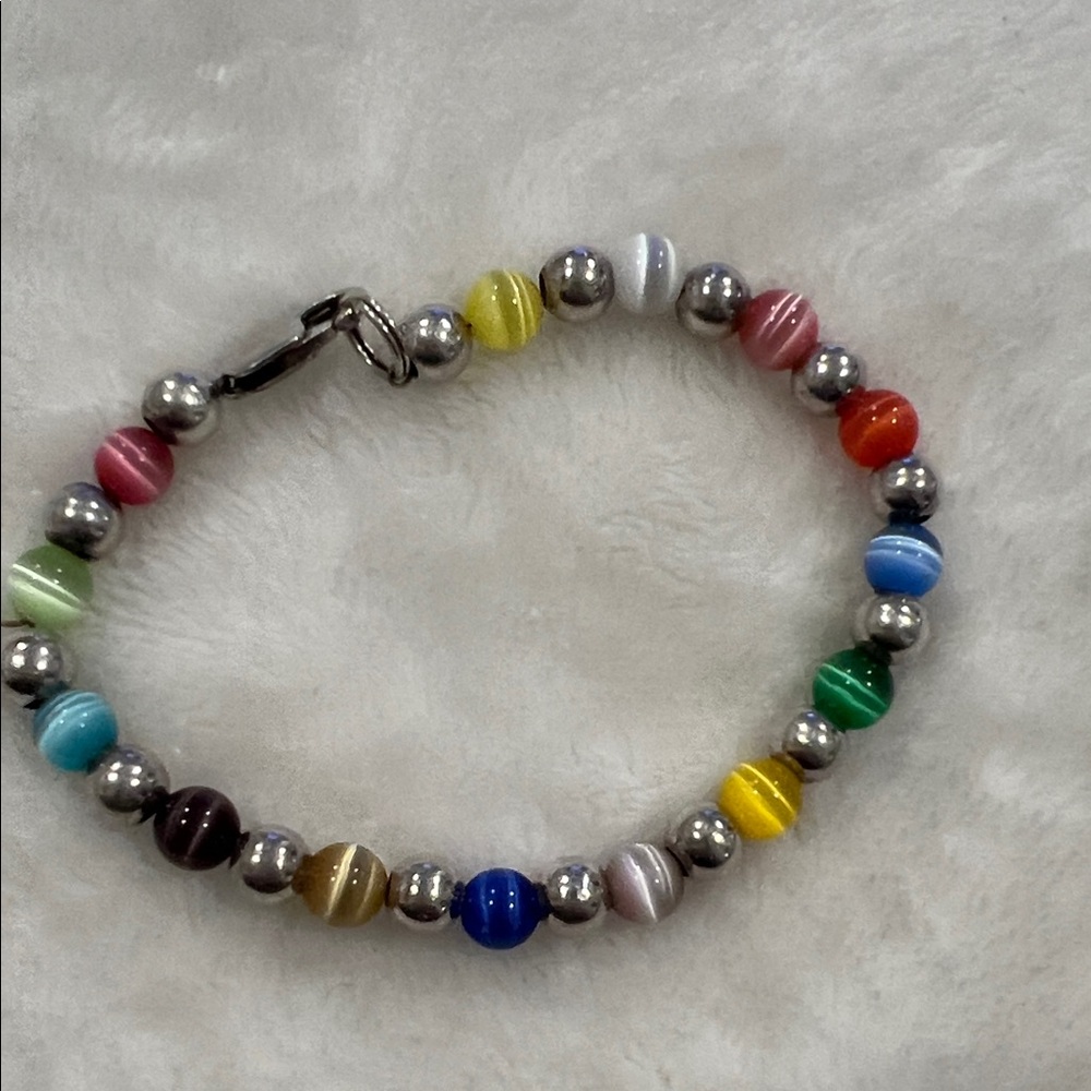 Vibrant Multicolor Cats Eye Beaded Bracelet with 925 Silver